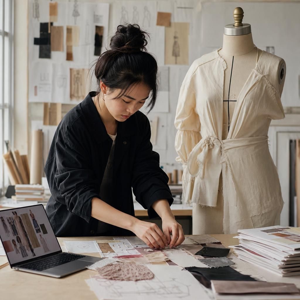 Fashion student planning brand strategy with fabric swatches and notes.