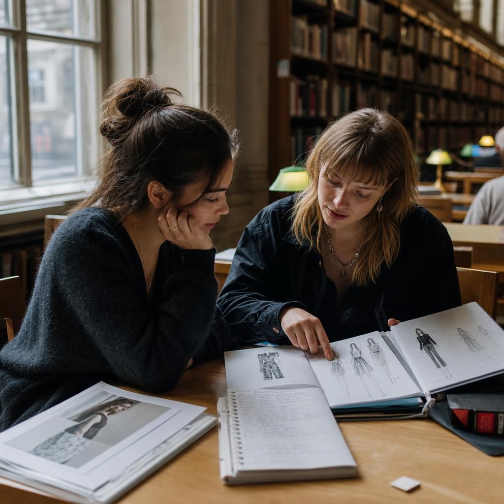 Student reviewing fashion management application materials in library