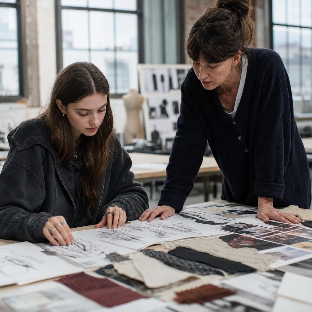 Fashion student reviewing portfolio pages with tutor in studio