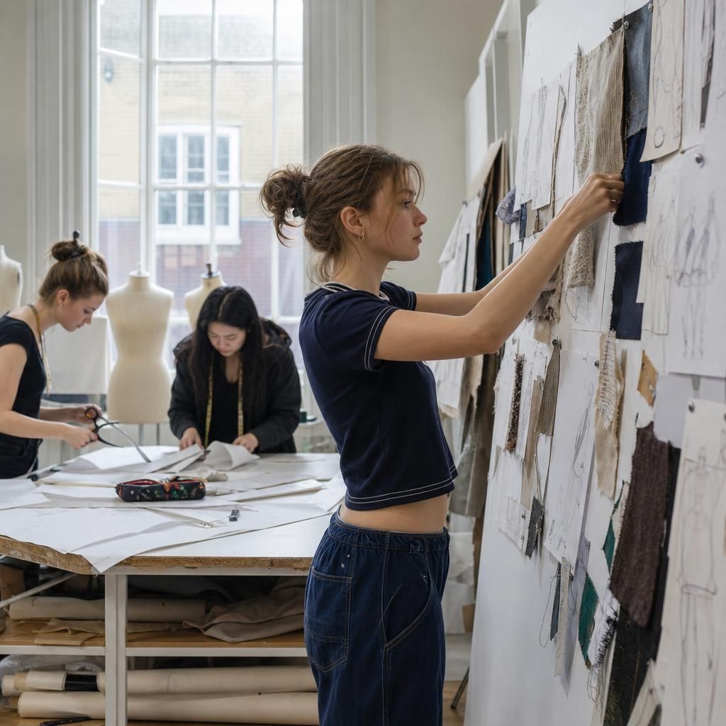 Students pinning fabric swatches in a London fashion classroom