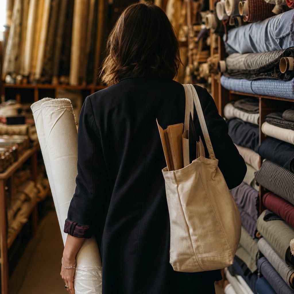 Fashion student buying fabric in a London shop