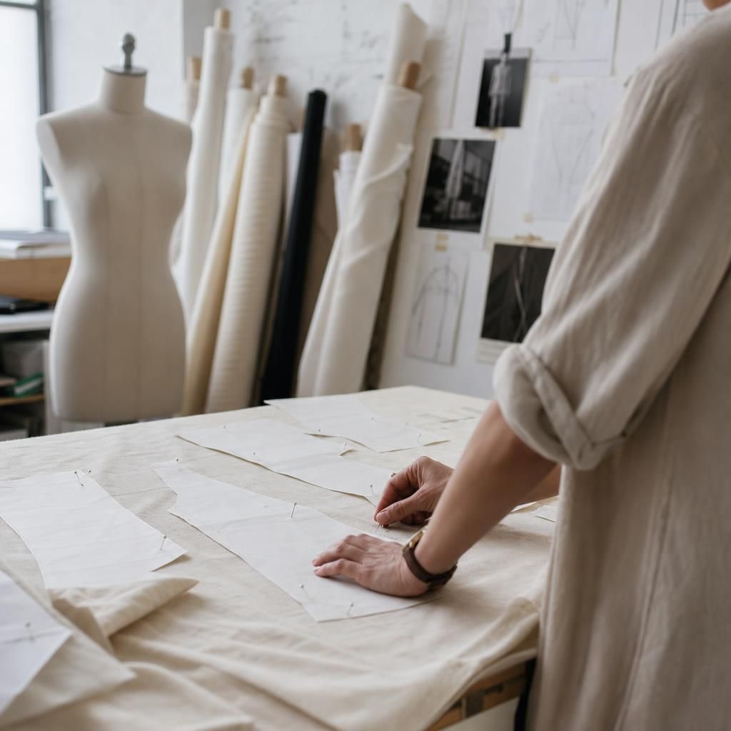 Hands pinning fabric patterns on a cutting table