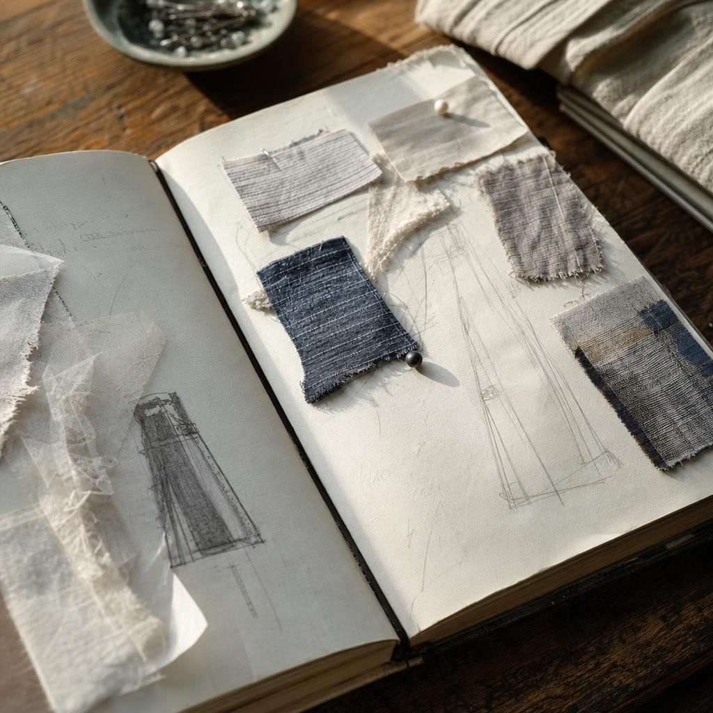 Fashion sketchbook with fabric swatches and notes on table