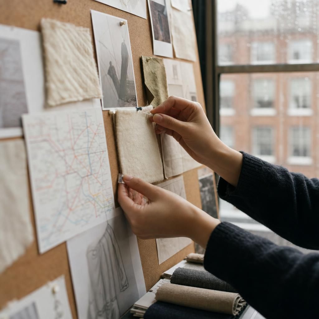 Hands pinning fabric swatches on a London studio board