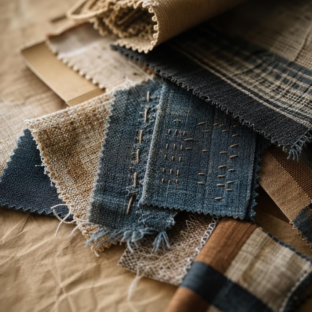 Fabric swatches and stitch samples on paper