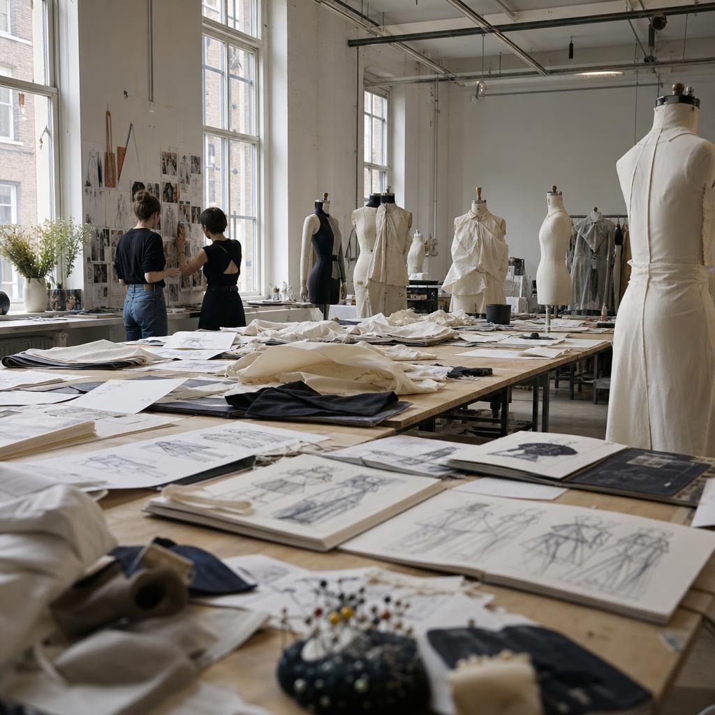 London fashion school atelier with sketches and fabric samples