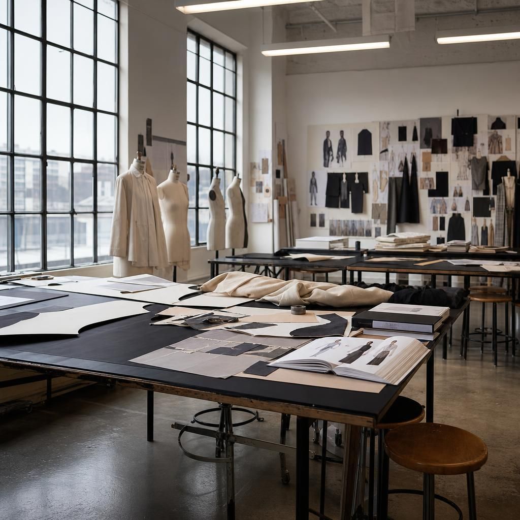 Empty fashion school seminar room with fabric swatches and lookbooks