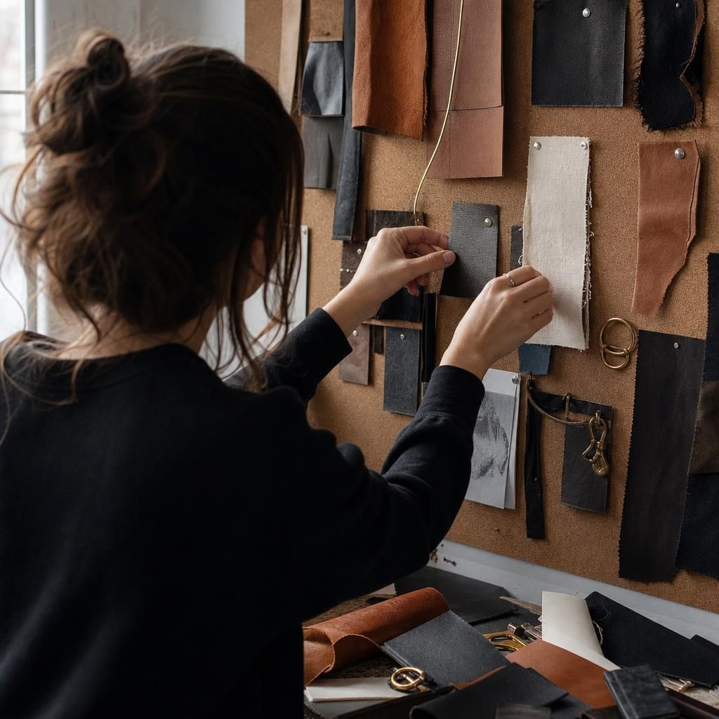 Fashion student pinning material samples on corkboard