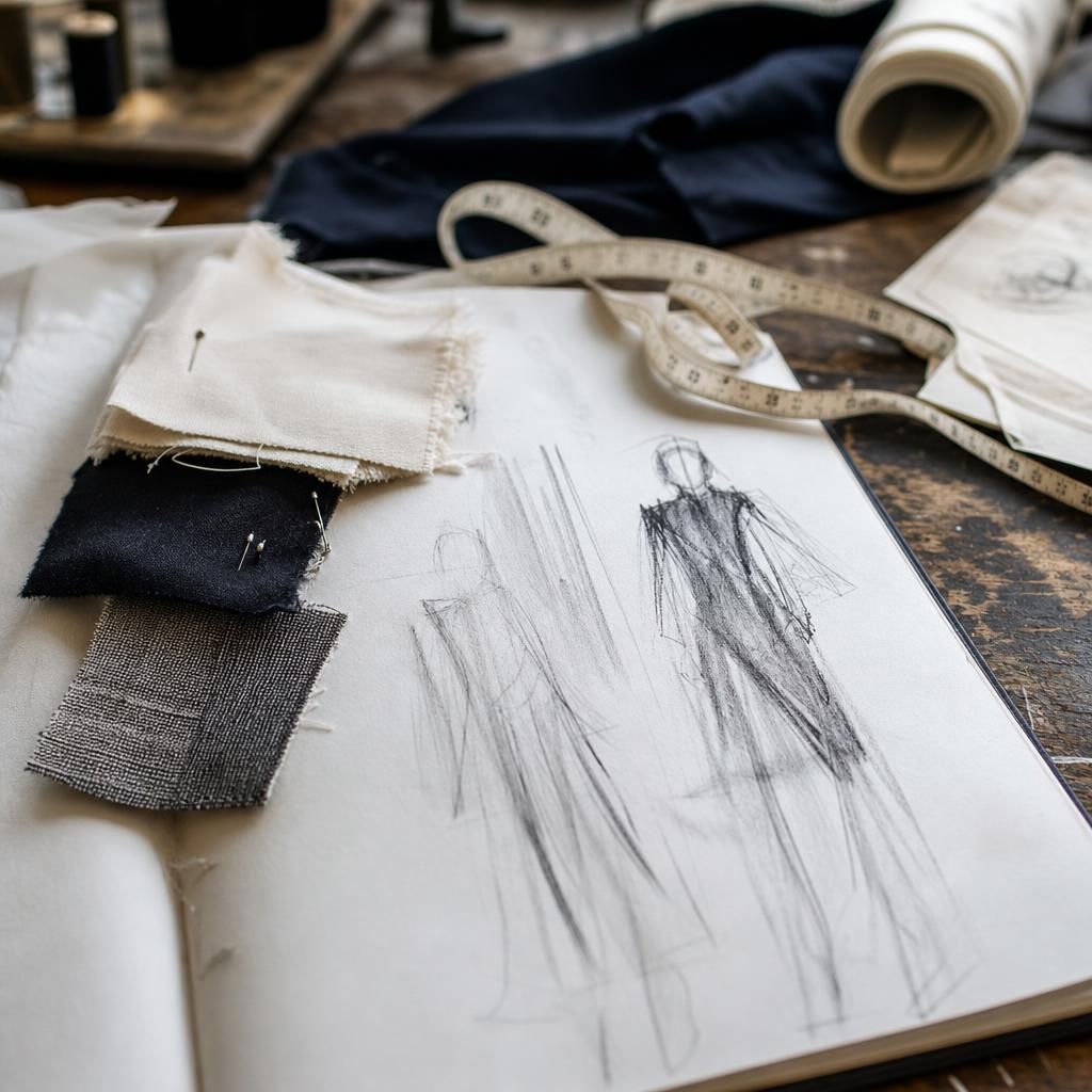 fashion sketchbook, fabric swatches, and measuring tape on workbench