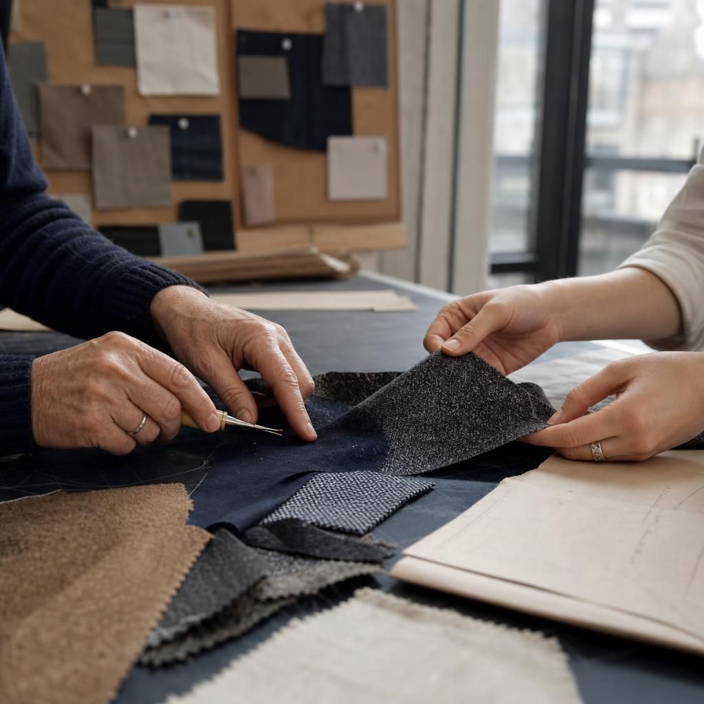 Hands arranging fabric swatches and paper patterns in a studio