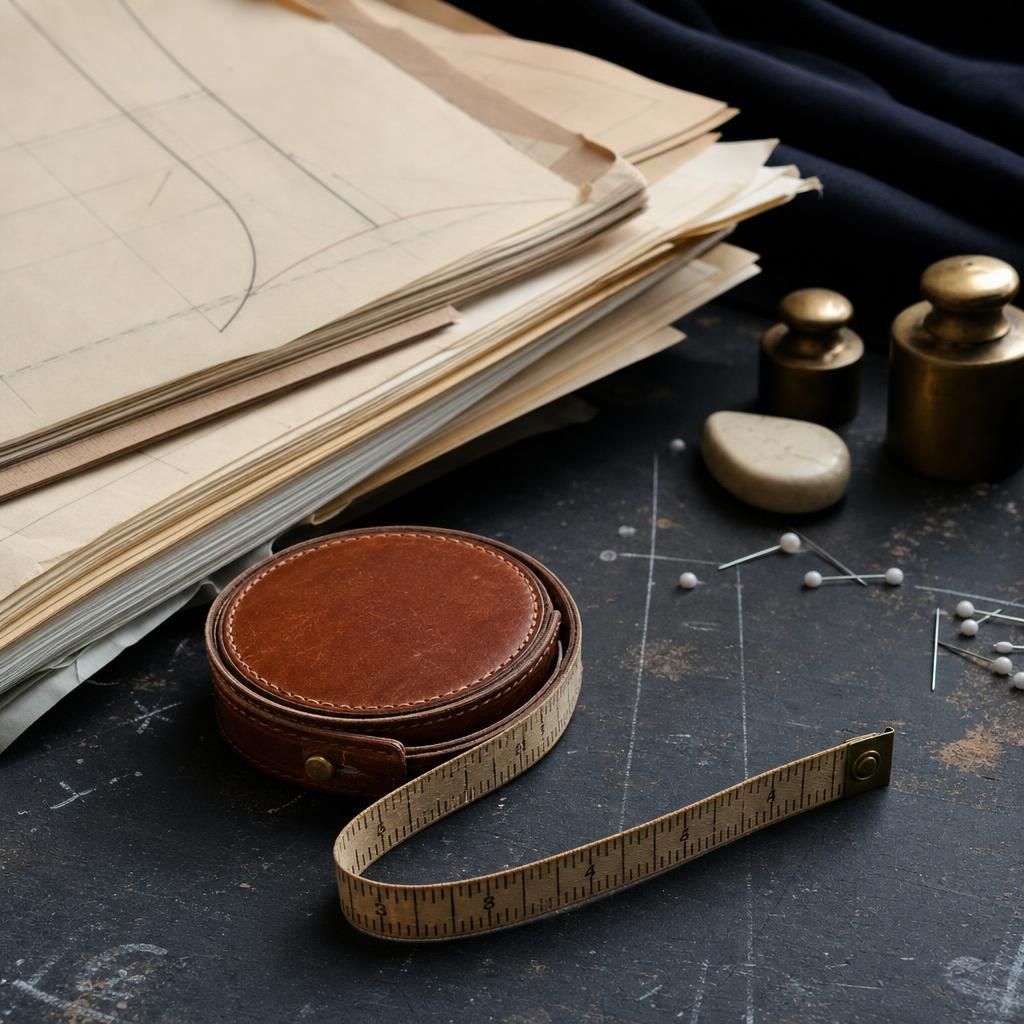 Measuring tape and pattern paper on a cutting table in a studio.