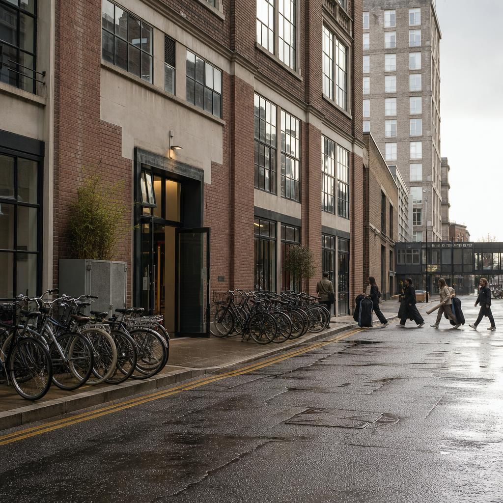Students outside a London fashion school carrying portfolios