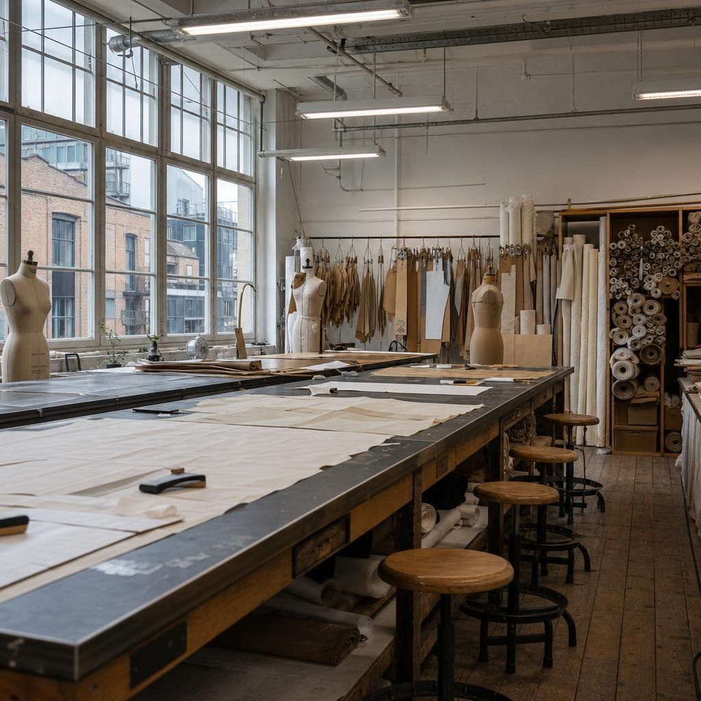 Empty fashion school studio with dress forms and pattern tables