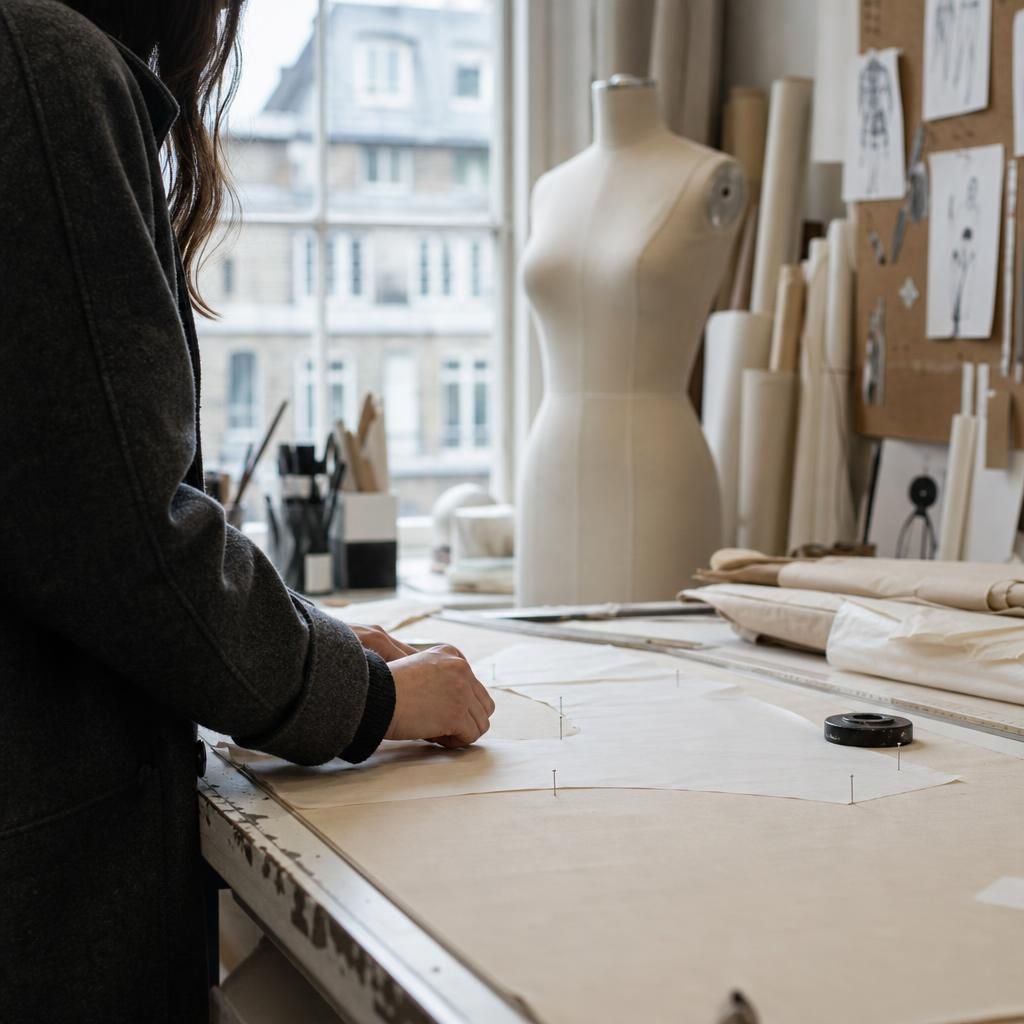Hands pinning paper pattern on calico in fashion studio