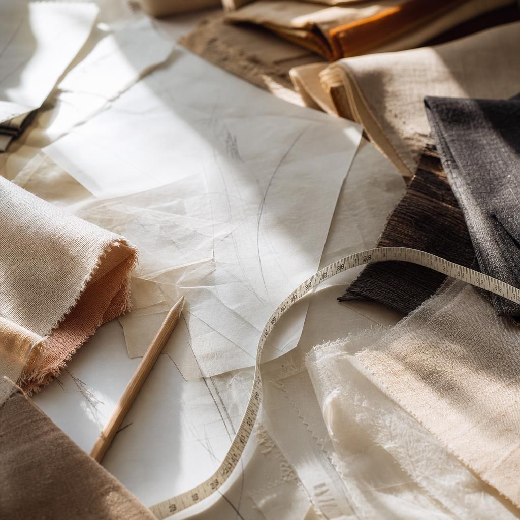 Fashion fabric swatches and tracing paper on a table