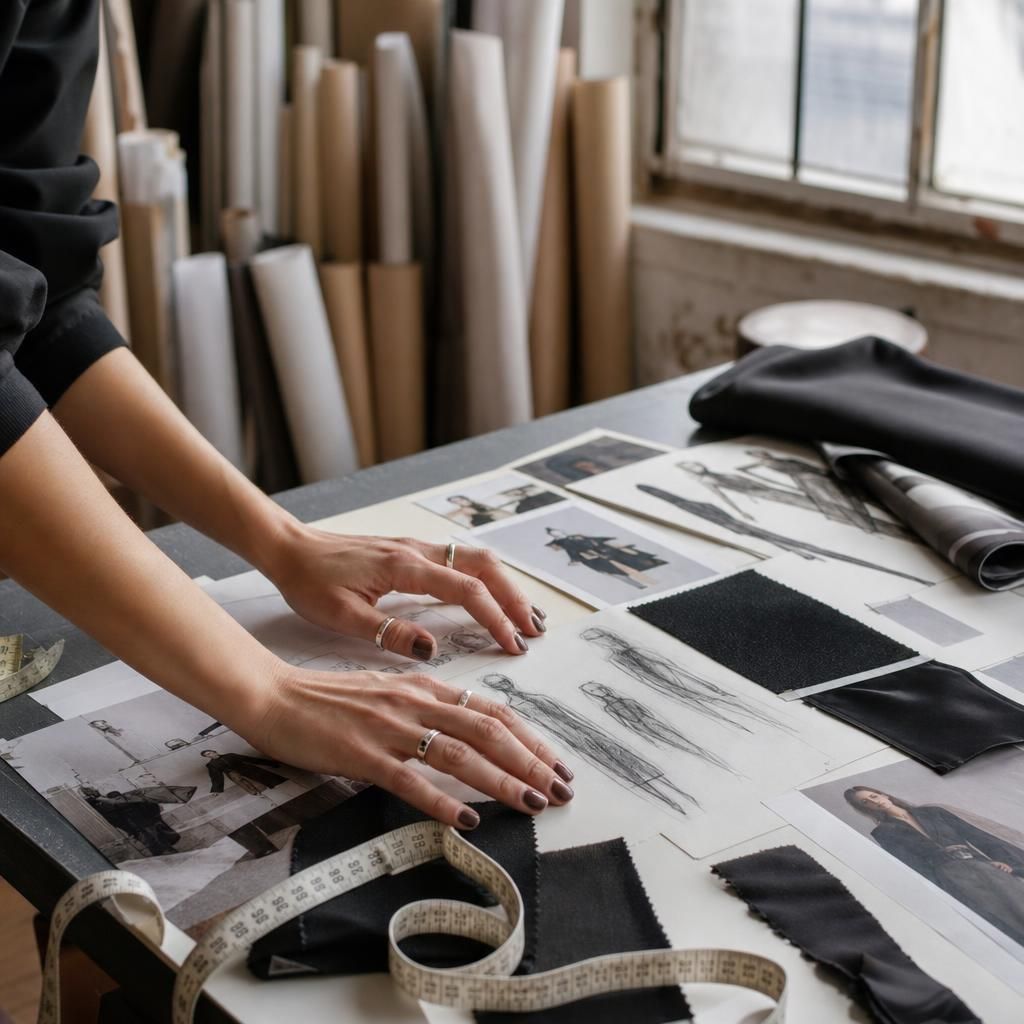 Hands arranging fashion sketches and fabric swatches on table
