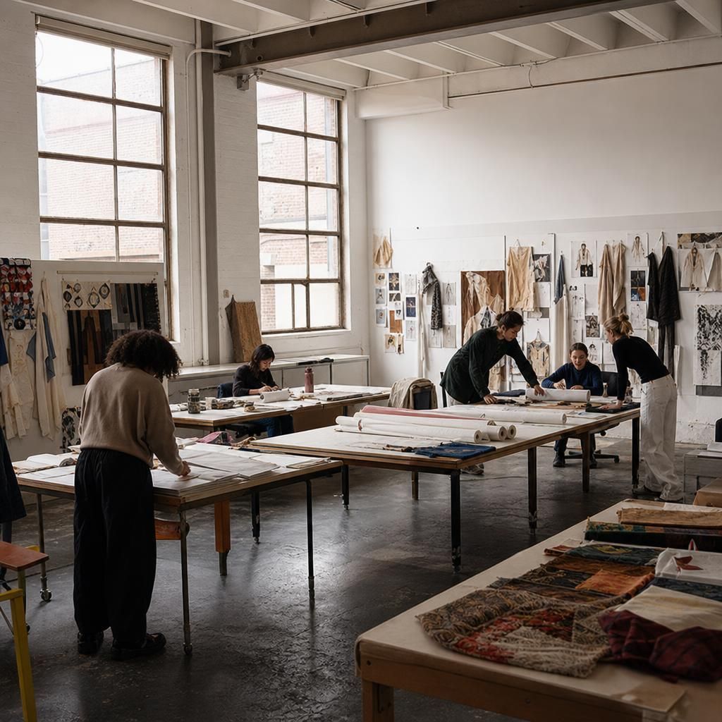 fashion students in a studio with pinboards and sketchbooks