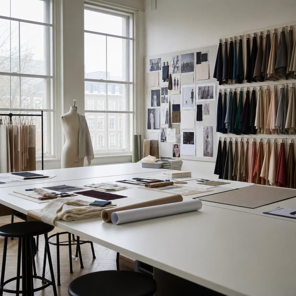 Empty London fashion school seminar room with mood boards