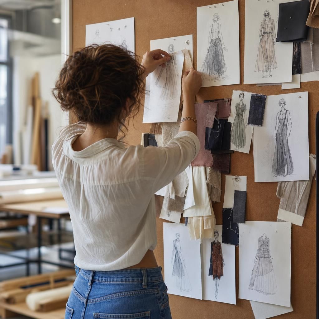 Student pinning sketches and fabric swatches on corkboard.