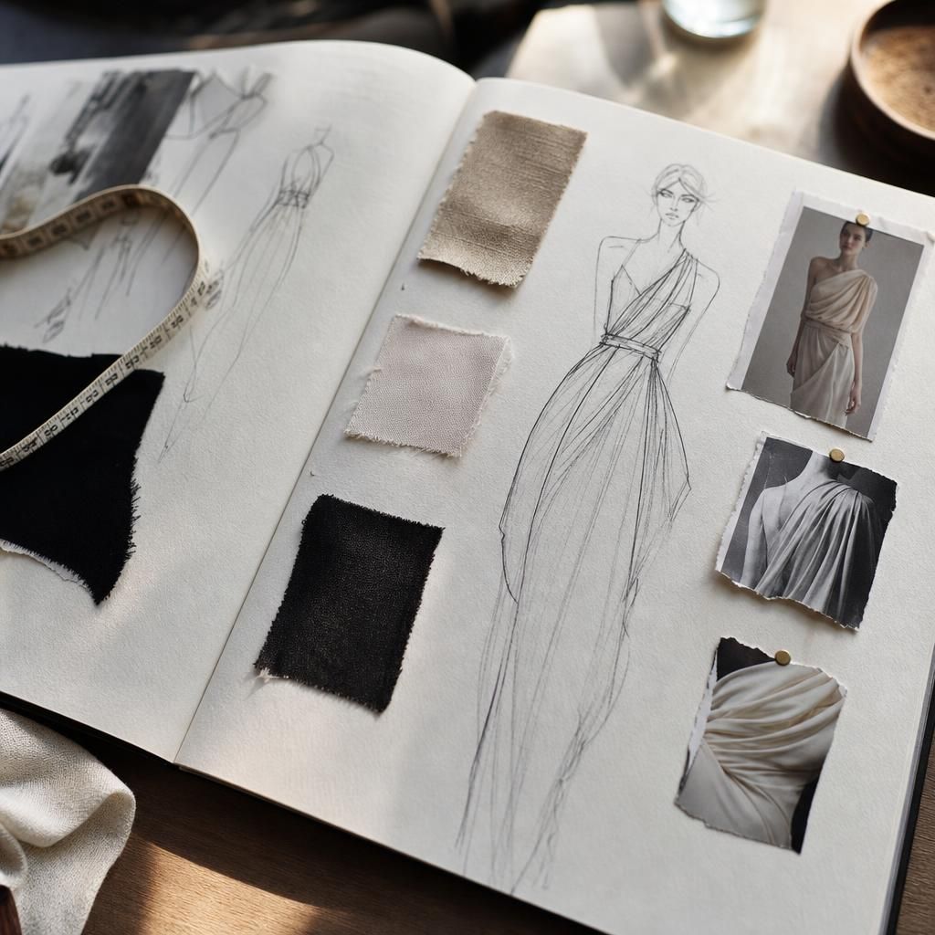 Fashion portfolio sketches, fabric swatches, and paper textures