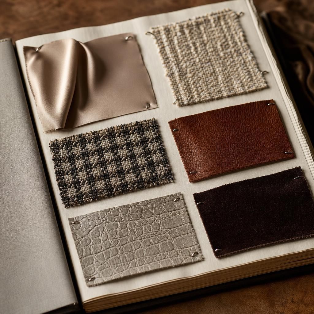 Luxury fabric swatch book with pinned textile samples.