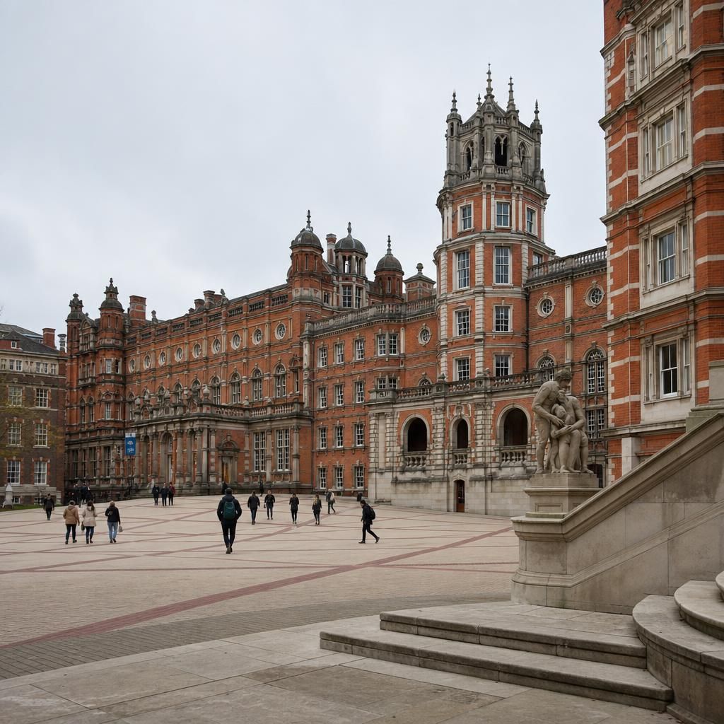 London university campus courtyard with students and brick buildings