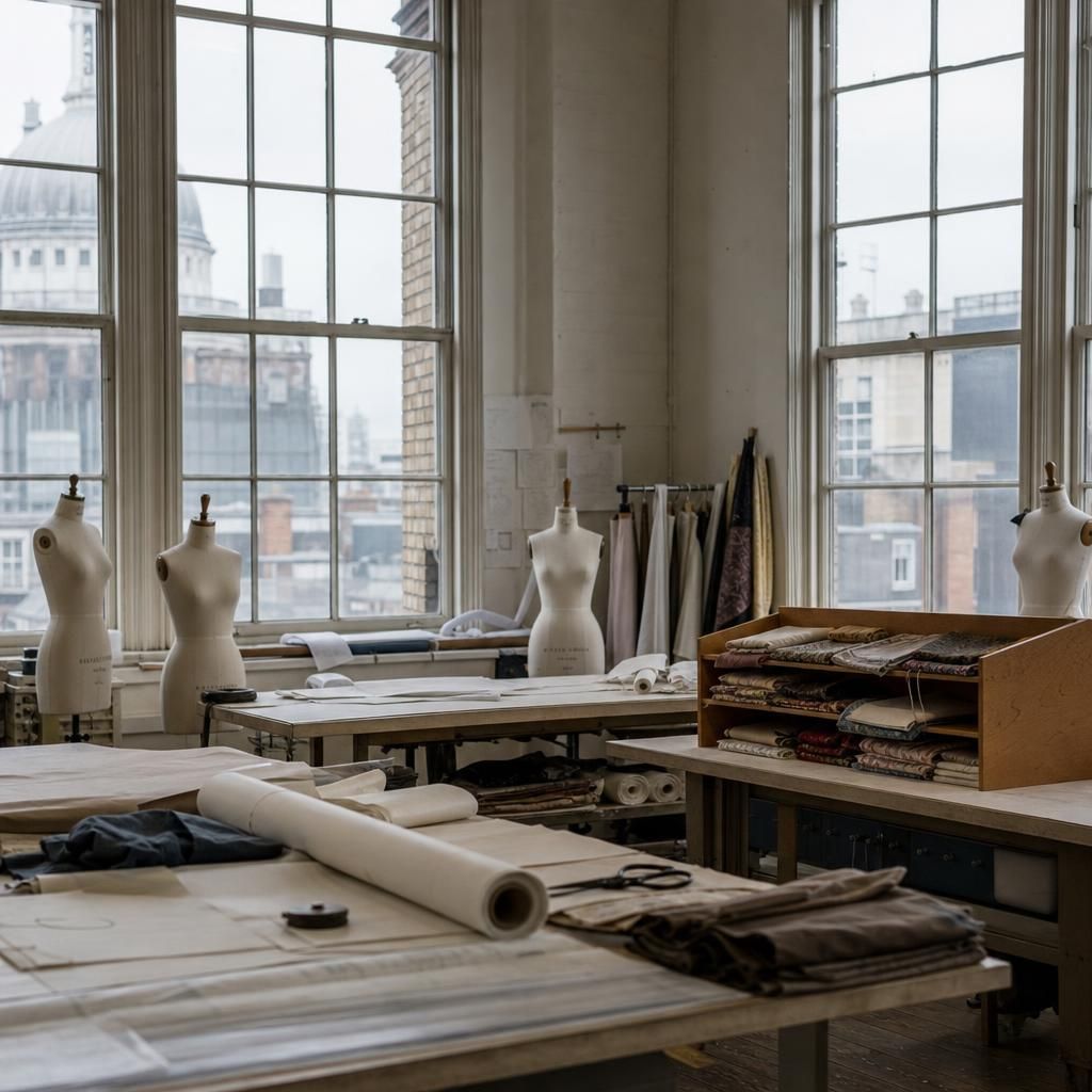 Empty London fashion studio with cutting tables and dress forms