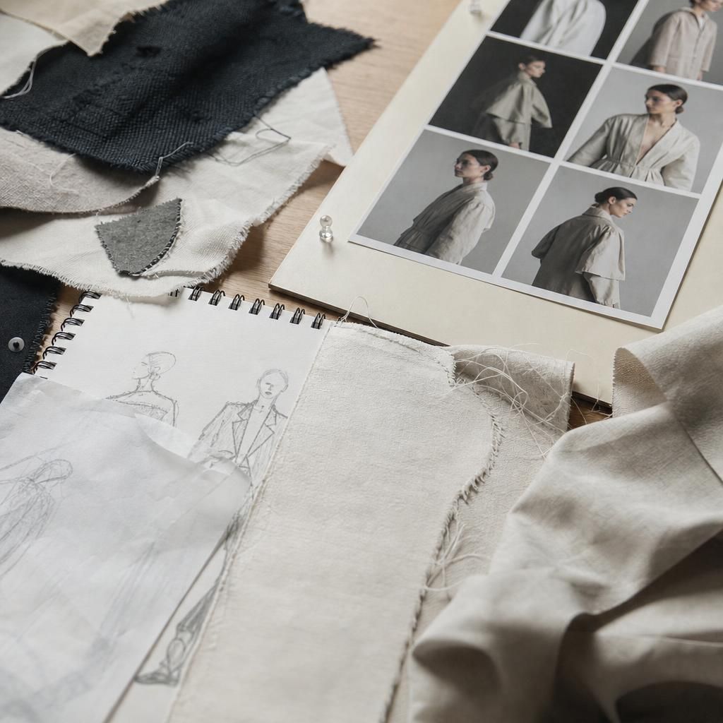 Fashion portfolio materials and fabric swatches on a table