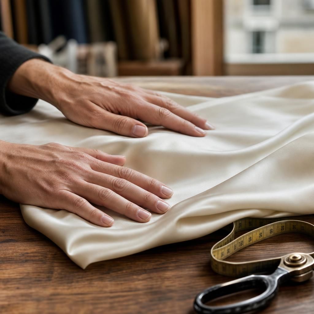 Hands smoothing silk swatch on a cutting table