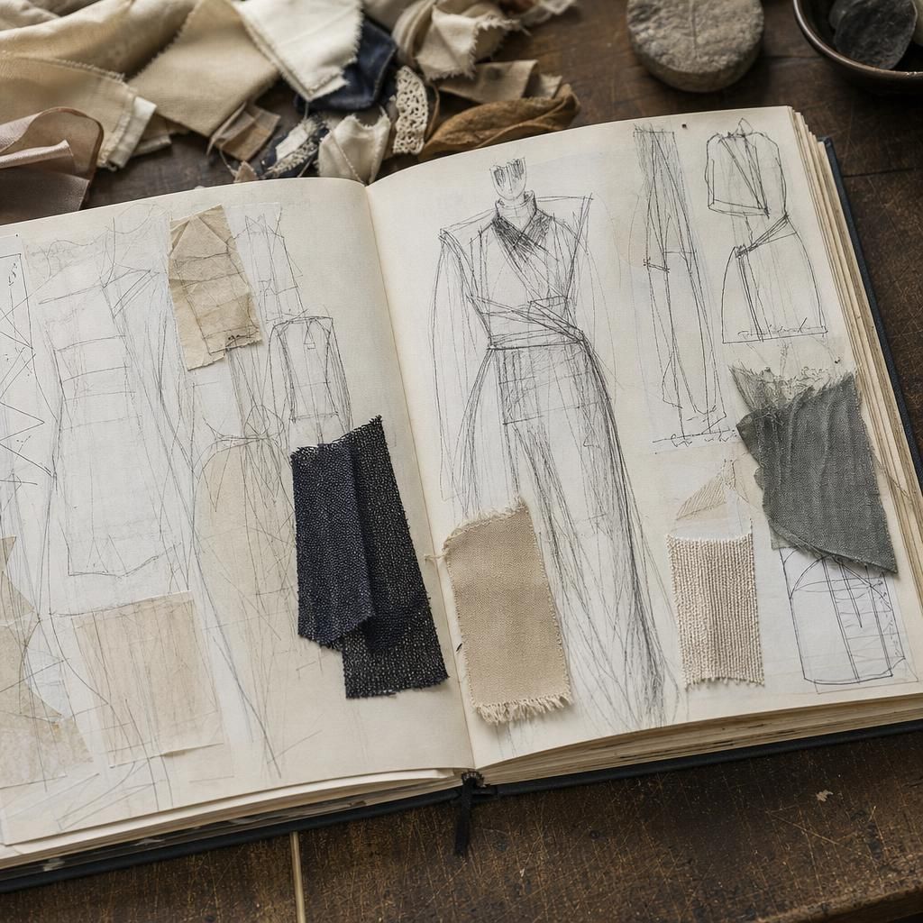 Fashion sketchbook with fabric swatches on cutting table