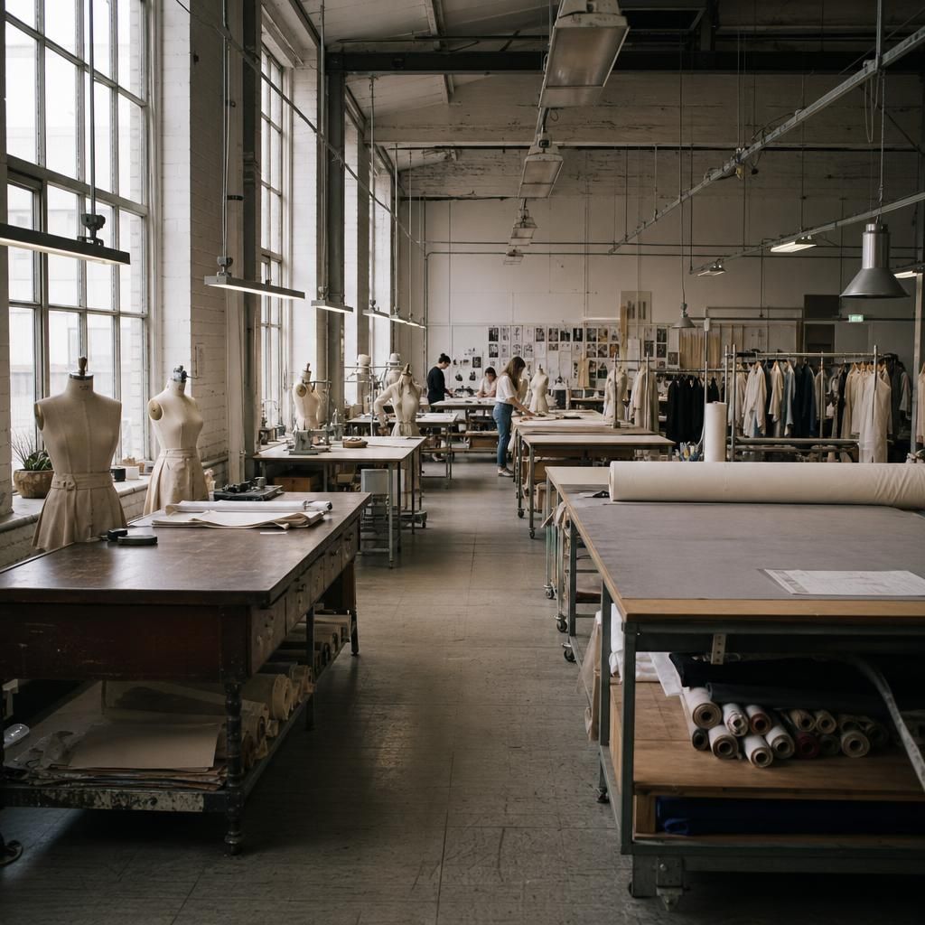 Fashion school workshop with students and dress forms in London glass windows