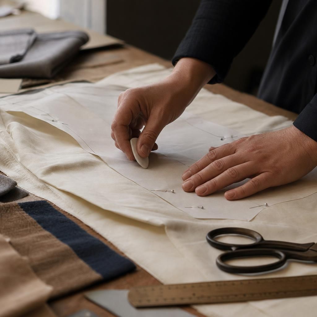 Hands marking pattern pieces on fabric with tailor's chalk