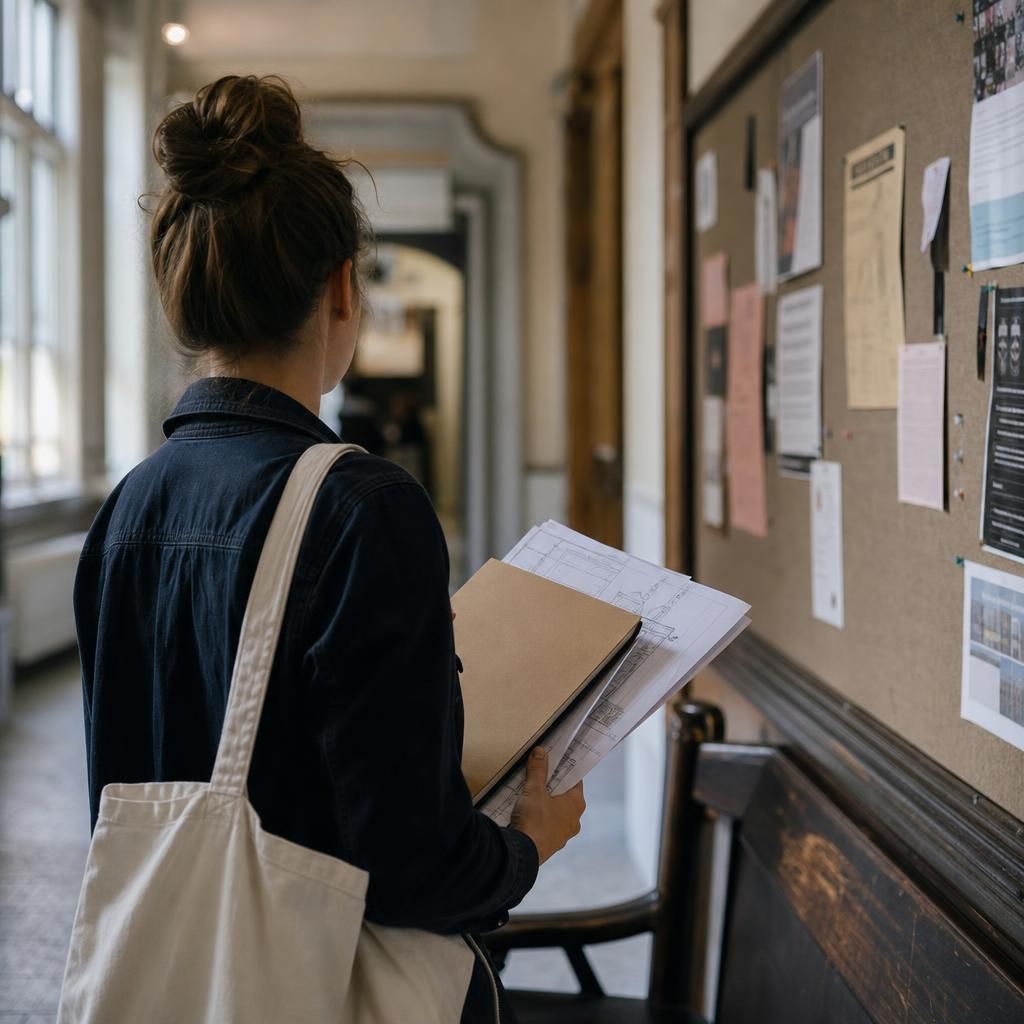 Person holding portfolio in college corridor