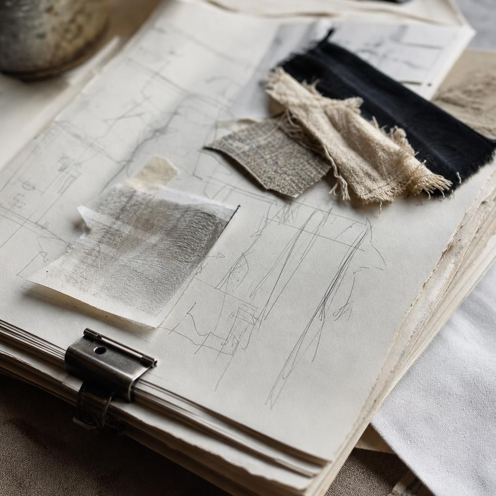 Sketchbook pages, fabric swatches, and taped paper samples