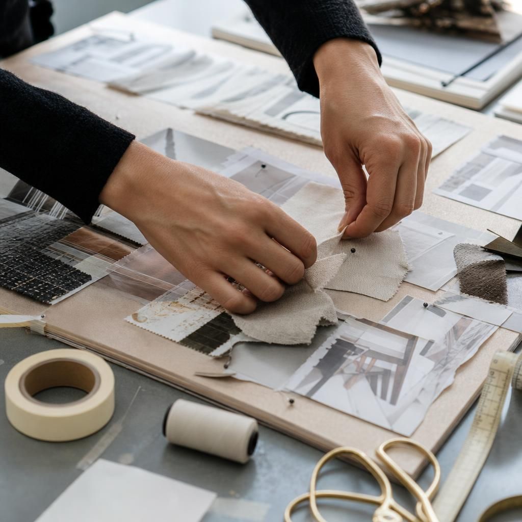 Hands pinning fabric swatches onto a fashion mood board
