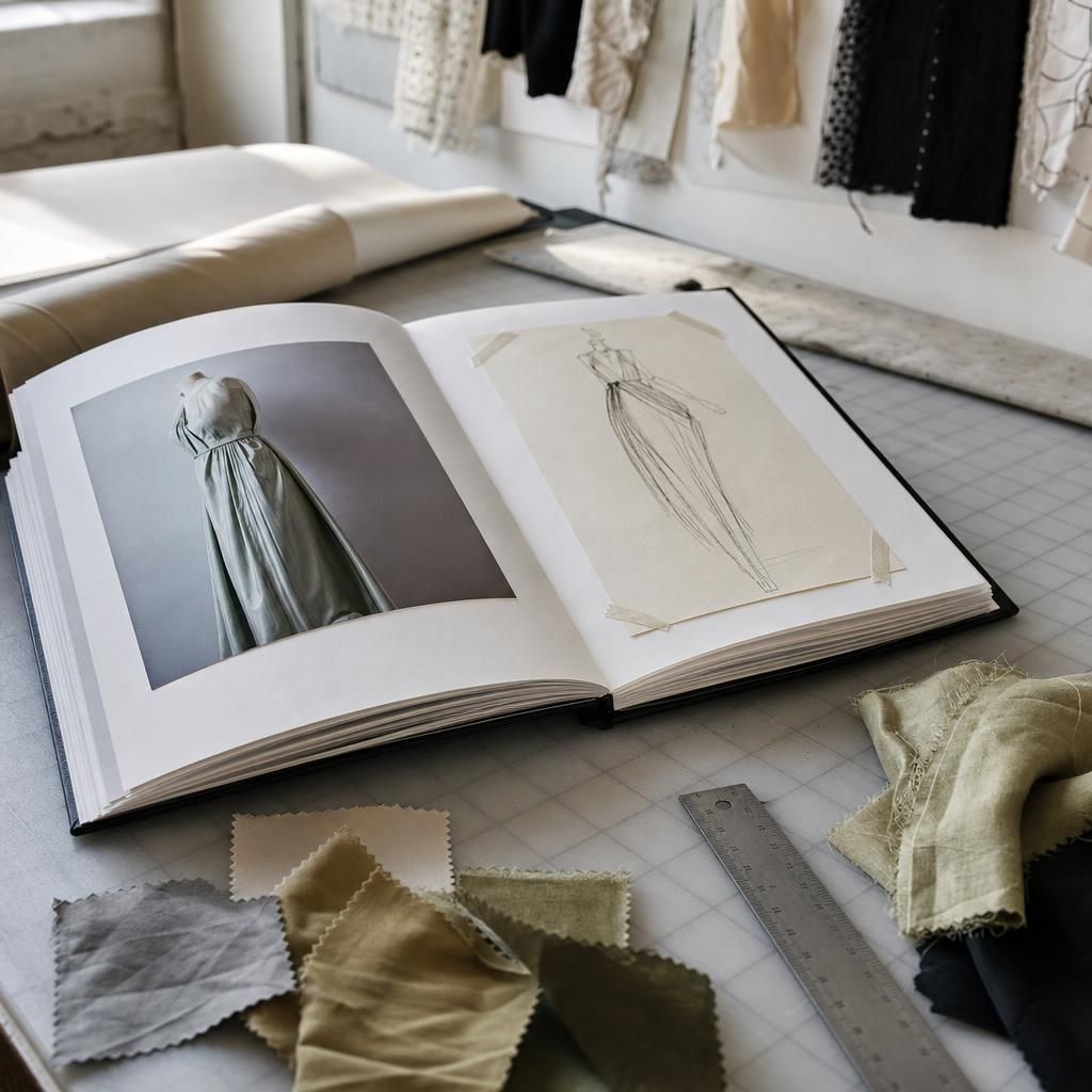 Fashion portfolio with sketches, fabric swatches, and ruler