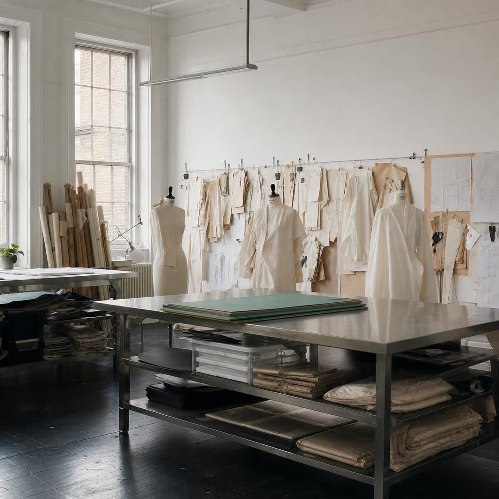 Empty fashion studio with patterns and dress forms in London studio rooms.