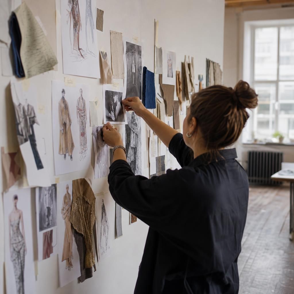 Person arranging fashion portfolio pages on studio wall