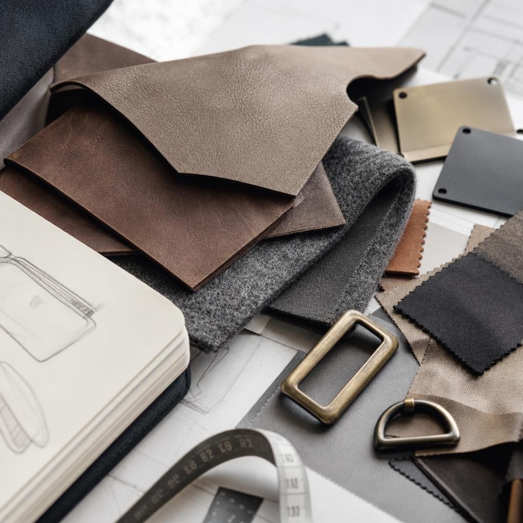 Leather swatches and metal hardware on a pattern table in London