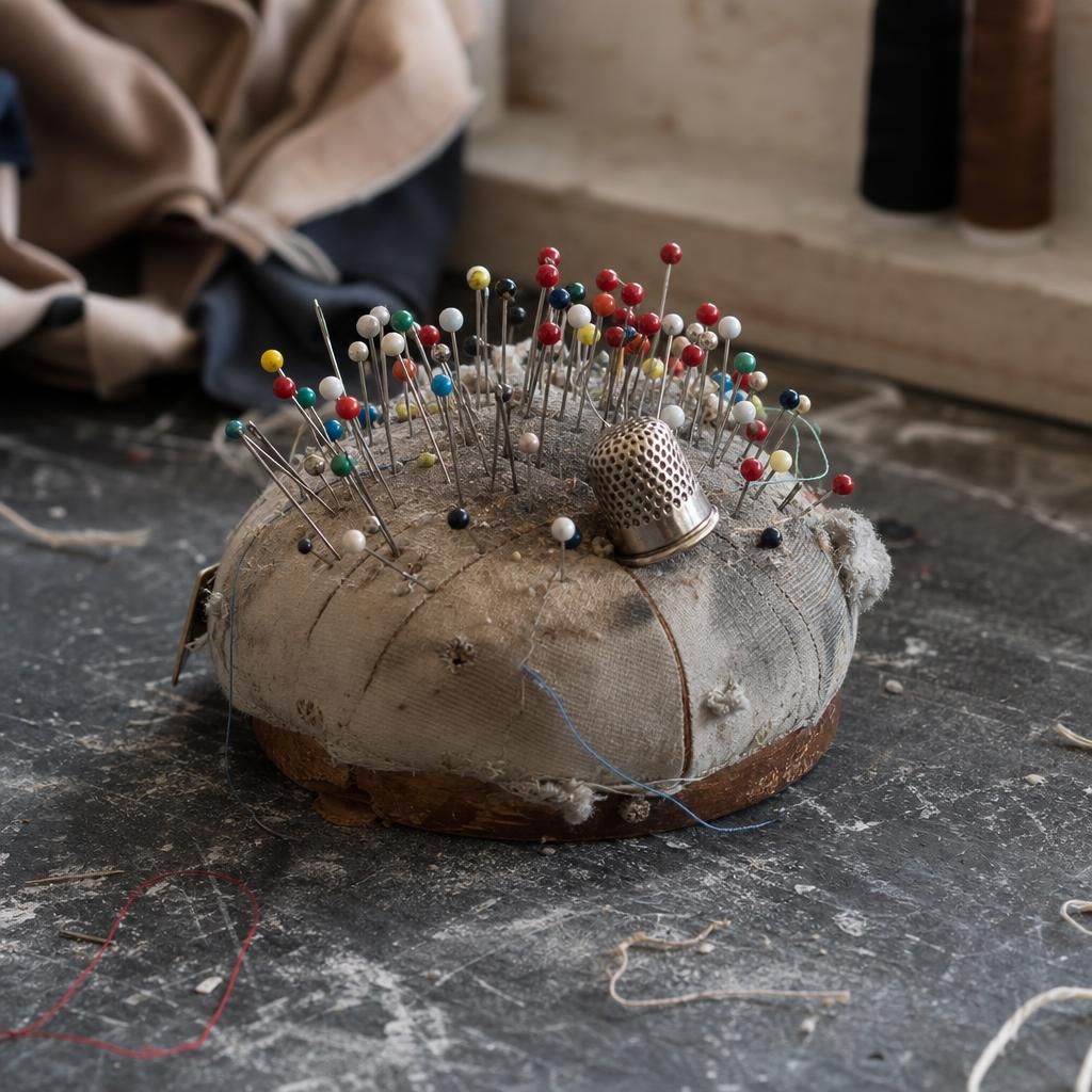 Pin cushion and sewing tools on a fashion studio table