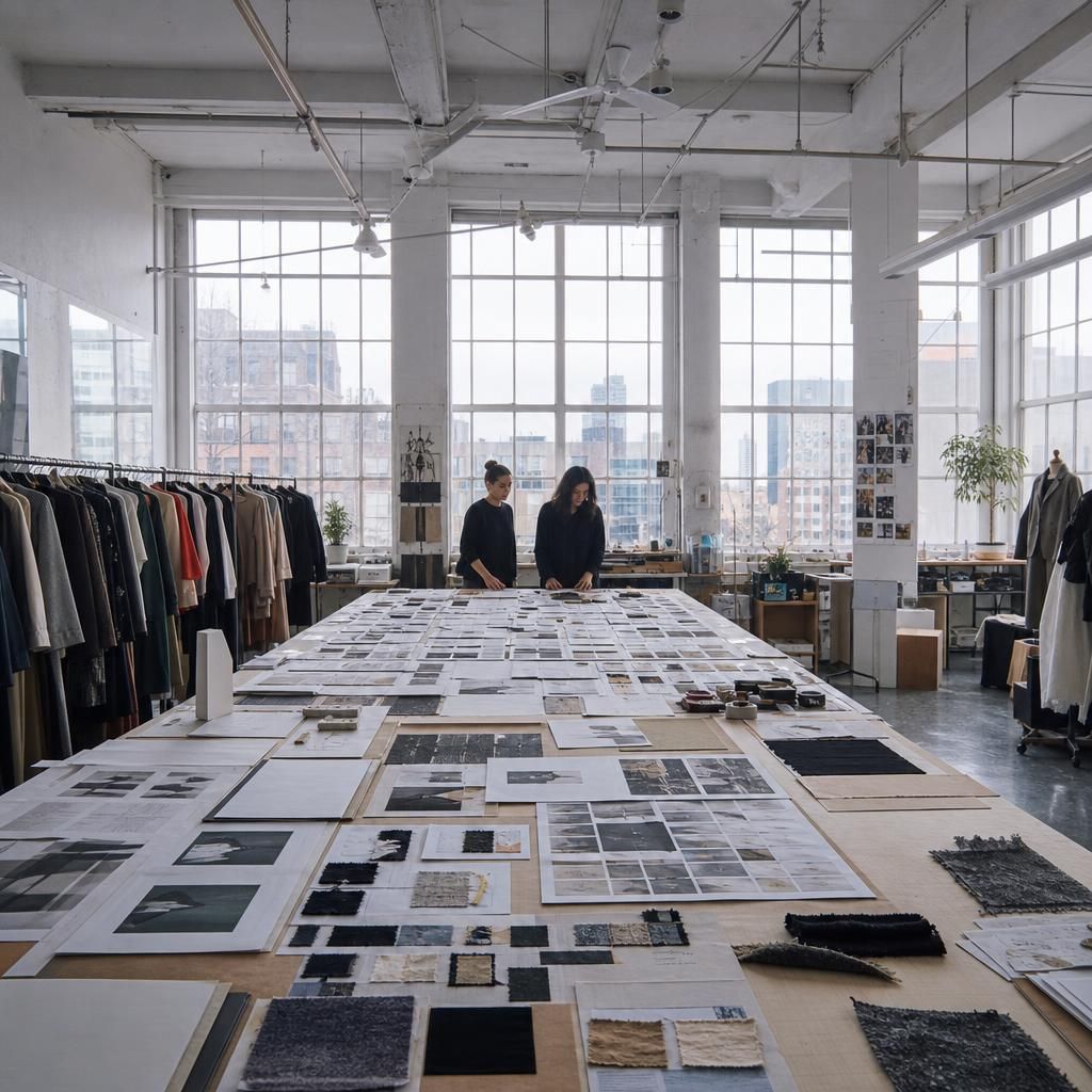 Fashion studio table with portfolio pages and swatches