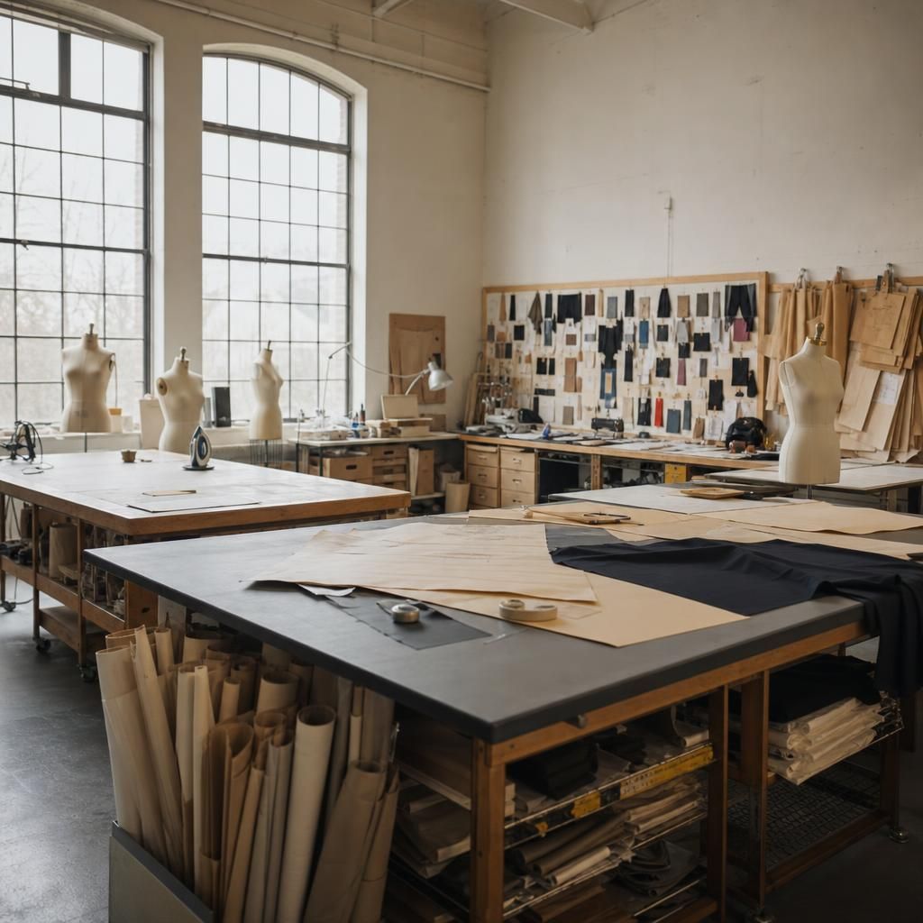 Empty fashion studio classroom with dress forms and pattern tables in London school
