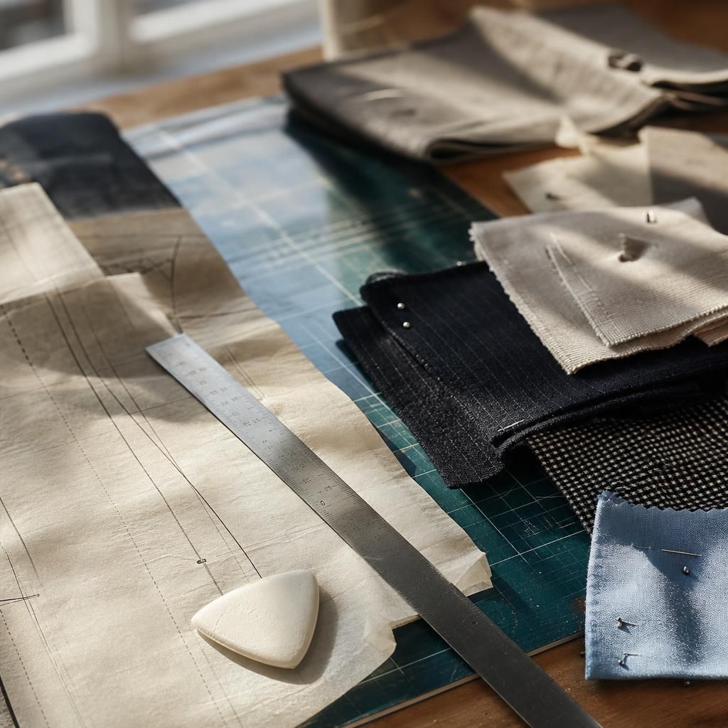 Pattern paper, fabric swatches, and tailoring tools on a table
