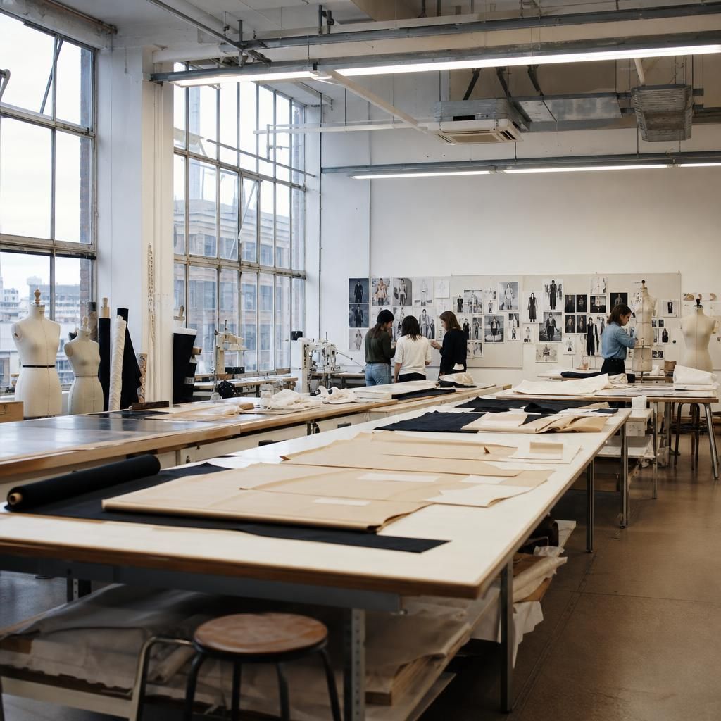 London fashion school studio with dress forms and students