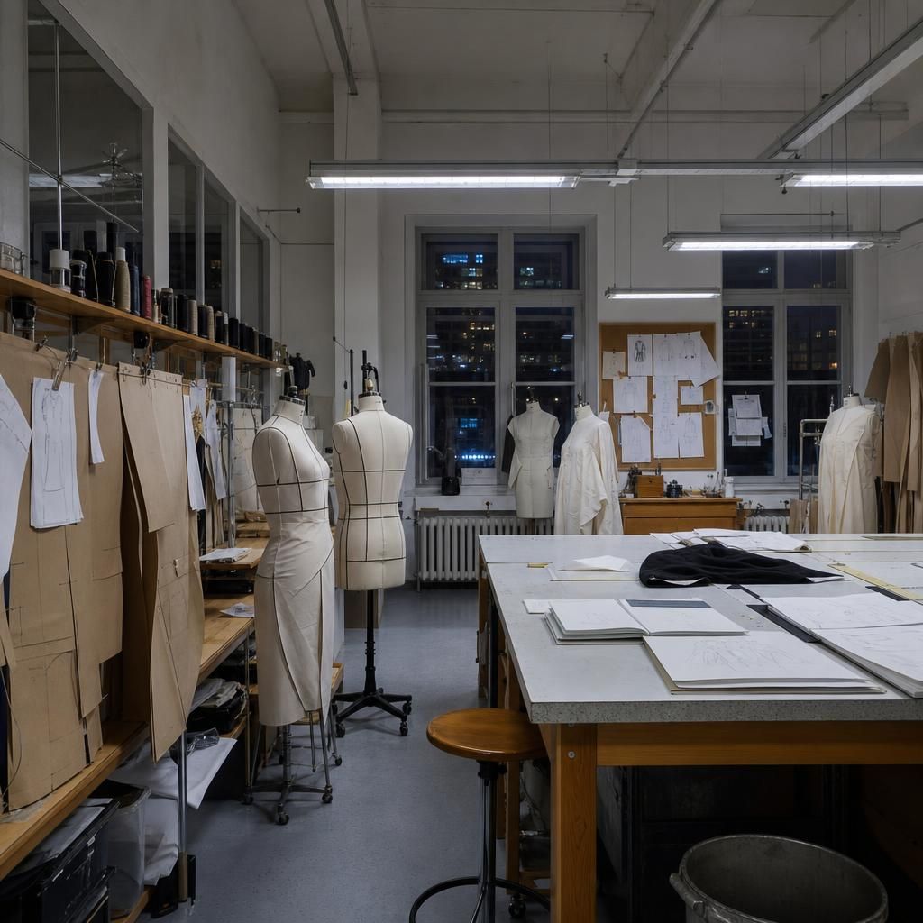 Empty fashion classroom with dress forms and sketchbooks