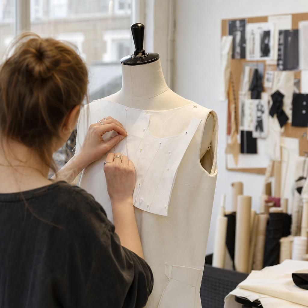 Fashion student pinning fabric on dress form