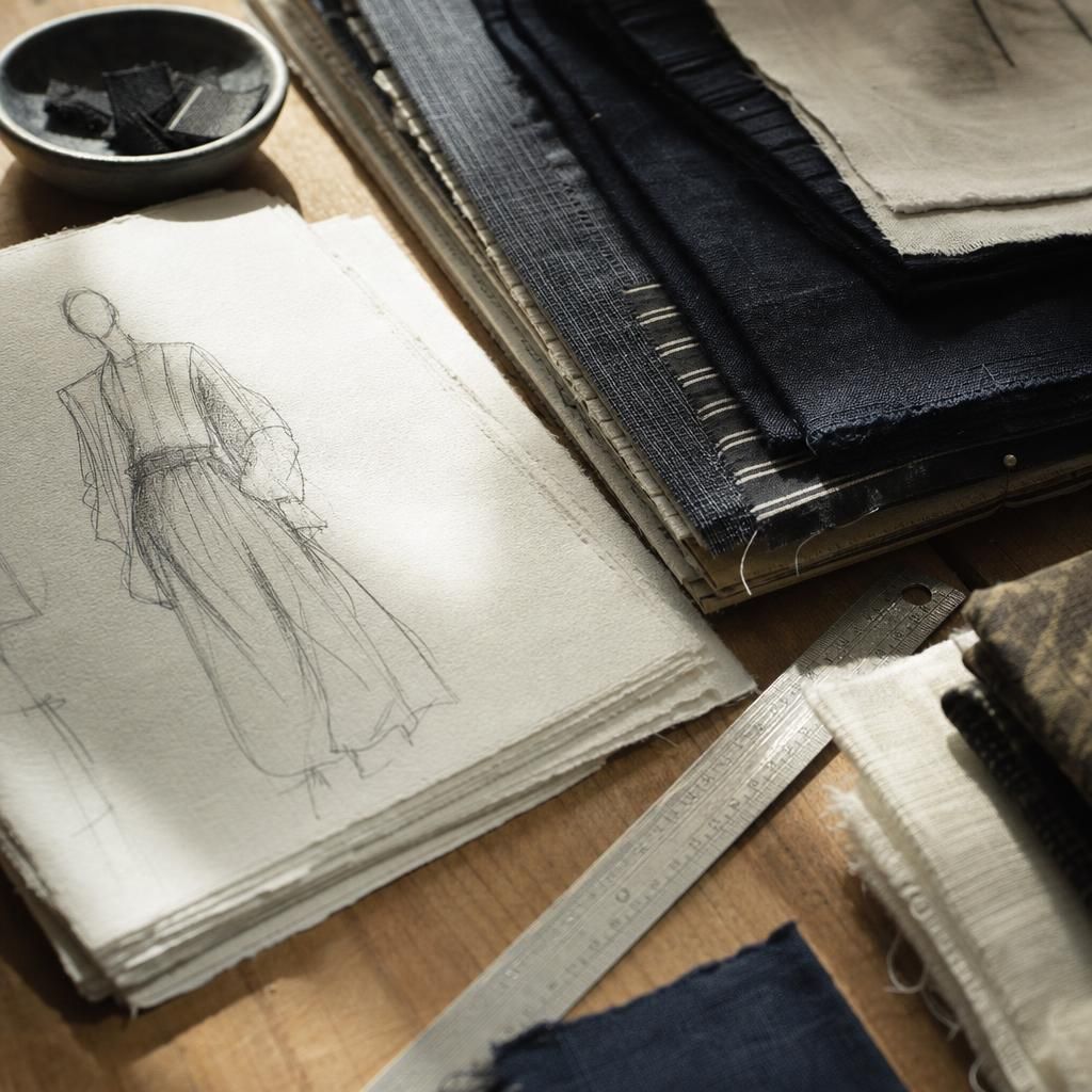 Fabric swatches, sketch paper, and ruler on table.