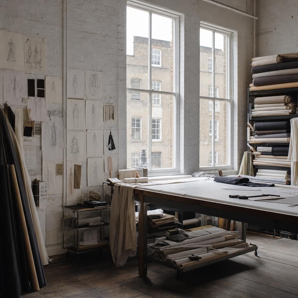Empty fashion design studio with sketches and fabric bolts in London