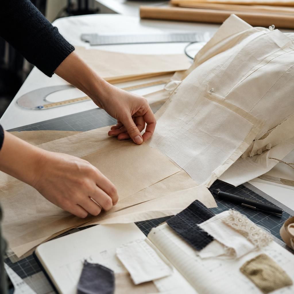 Hands pinning fabric patterns in a fashion studio table