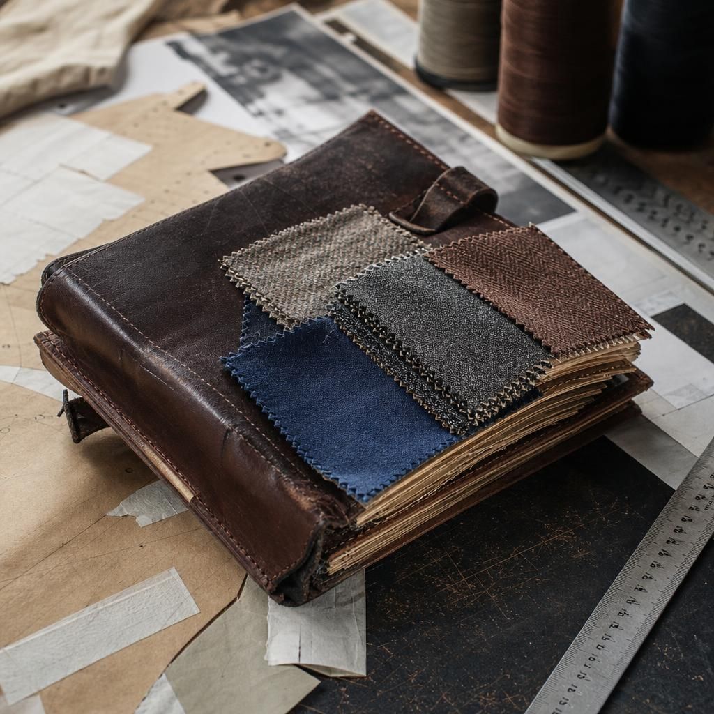 fashion design swatches and market notes on table